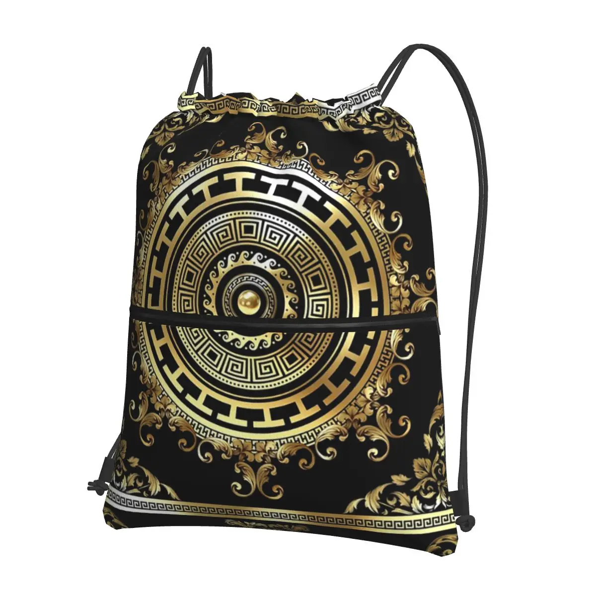 Greek Keys Black Gold Medallion Meander Baroque Backpacks Portable Drawstring Bundle Pocket Sports Bag Book Bags for Travel