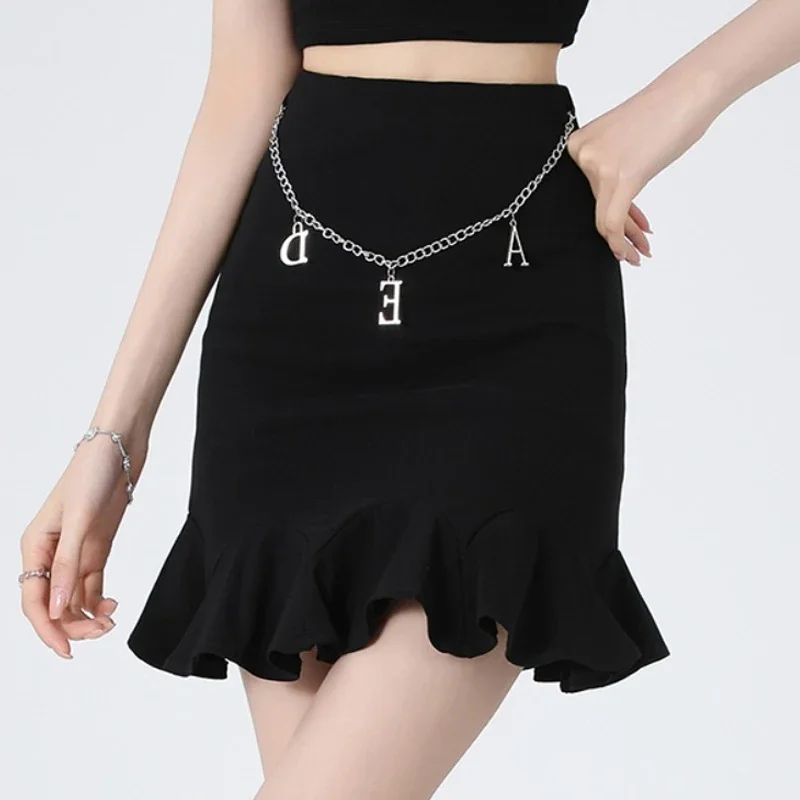 

ITOOLIN Women Black Casual Ruffles Skirt Sexy High Waist Package Hip Slim Skirt Chain Women Office Mini A-line Skirt 2024 Spring