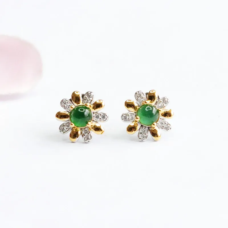 

S925 Silver Imperial Green Ice Jade Floral Stud Earrings Natural Gem Blossom Jewelry