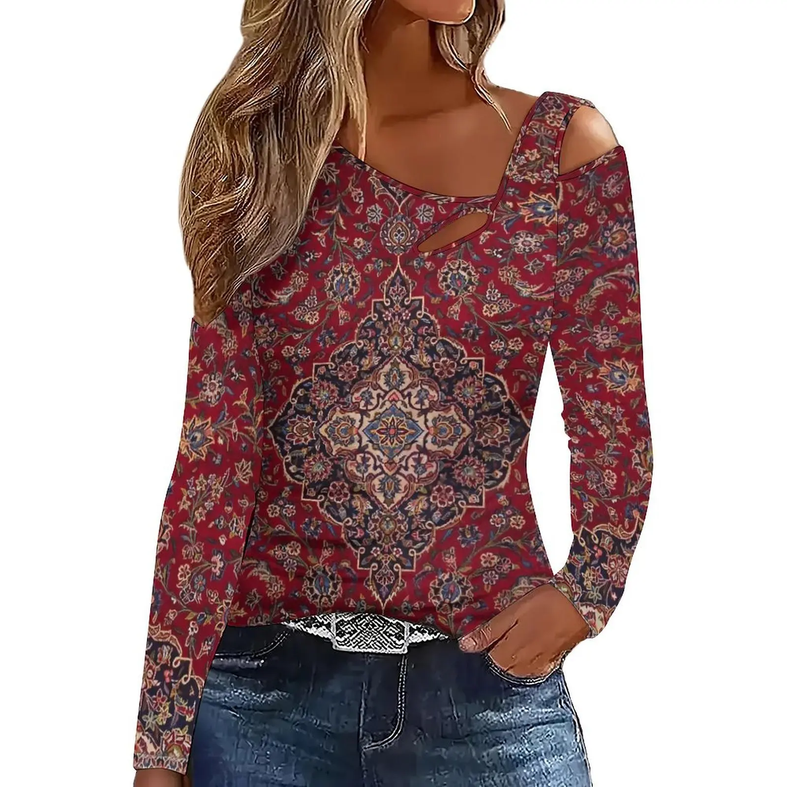 Slanted ShoulderWomen's  Long-Sleeved Elegant Directional Off-Shoulder Printed T-Shirt  Fashion Clothes