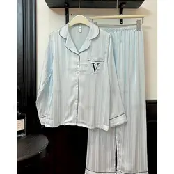 Embroider Letter Pajamas 2Pcs Loungewear Lady Soft Silk Satin Shirt&pants Blue Striped Home Clothes Long Sleeve Pyjamas Femme