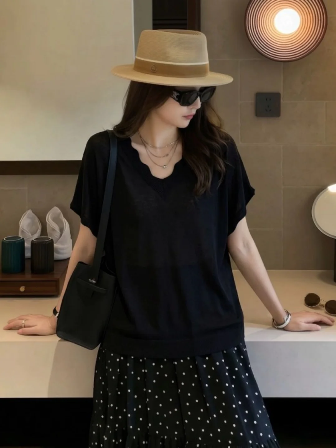 plus Size V-Neck  Color Knitwear with Wood Grain  Splicing Slimming Casual Style Mid-Length Women's Top
