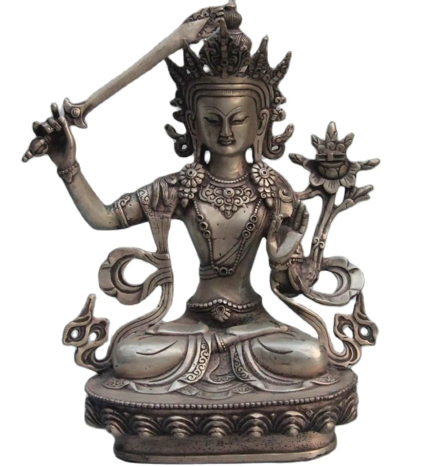 

20CM Tibet White Bronze Silver Manjuist ManjusHri Bodhisattva Kwan-yin GuanYin Statue