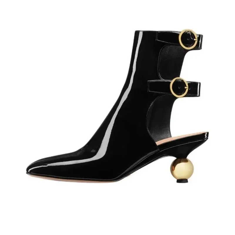 

European and American High-quality Patent Leather Back Hollow Short Boots for Women, Black Belt Buckle Banquet Long Boots