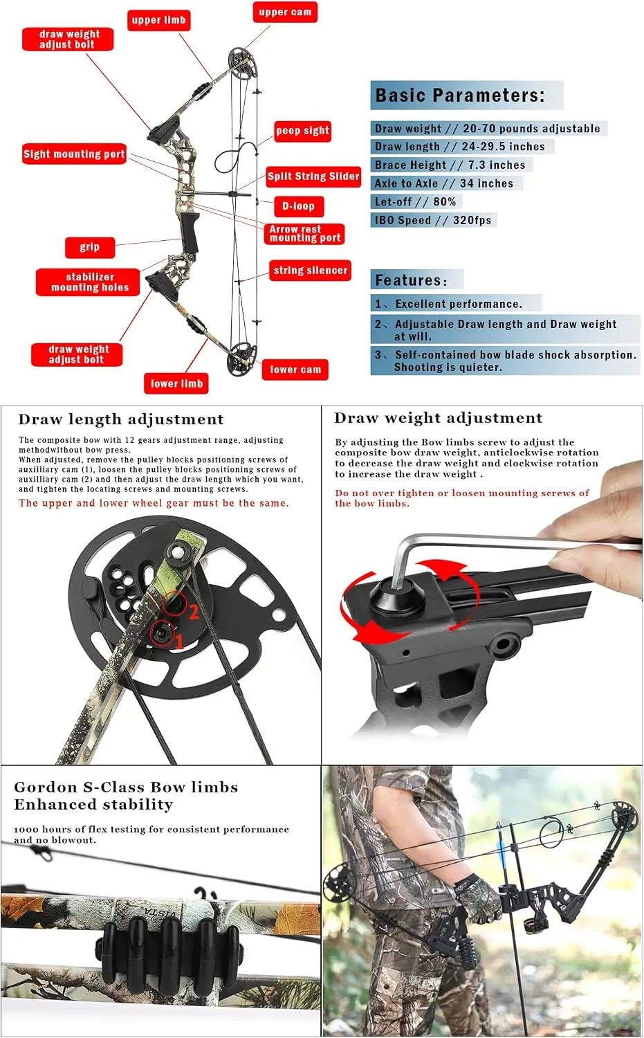 Archery Compound Bow for Hunting & Target, USA-Made Limbs, Adjustable Draw Weight 20-70 lbs, Draw Length 24-30 Inches, Right/Left Handed
