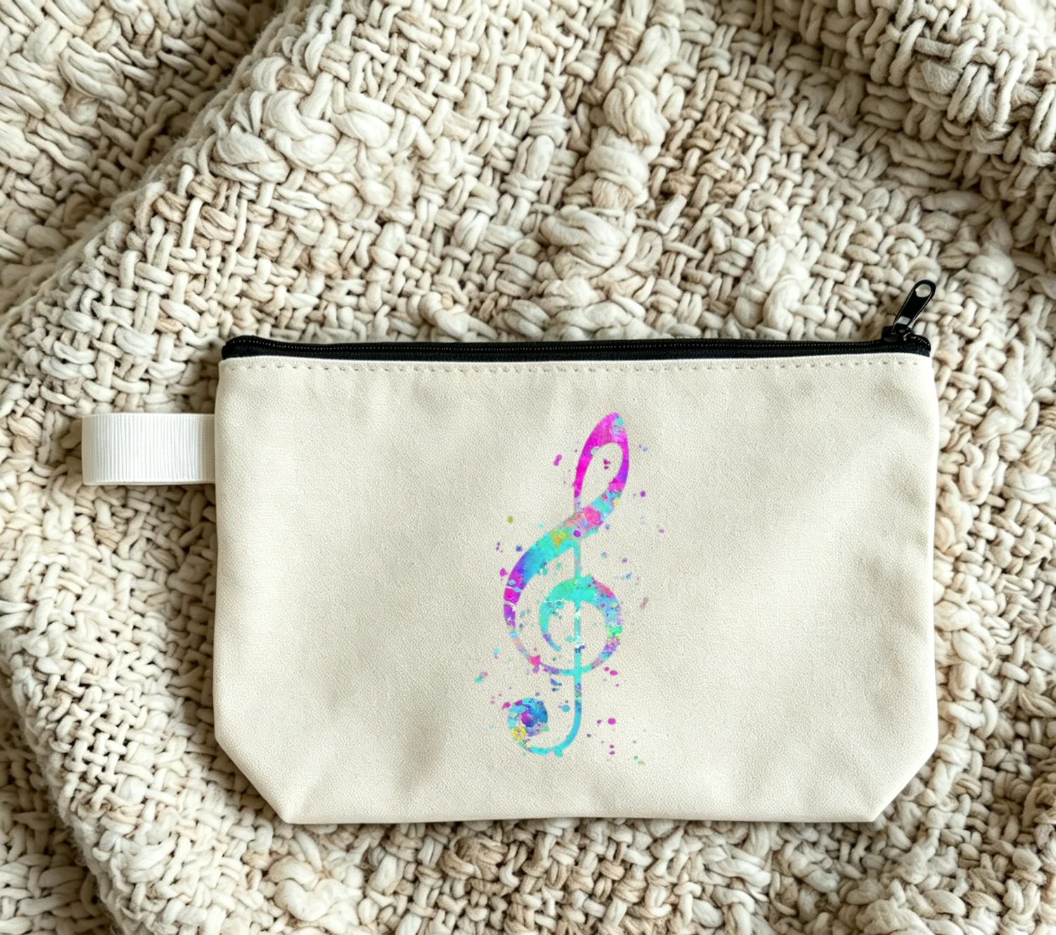 Women's Staffer Canvas Zipper Stationery Bag Fun Watercolor Music Zipper Stationery Bag Youth Fashion Design Women Cosmetic Bag