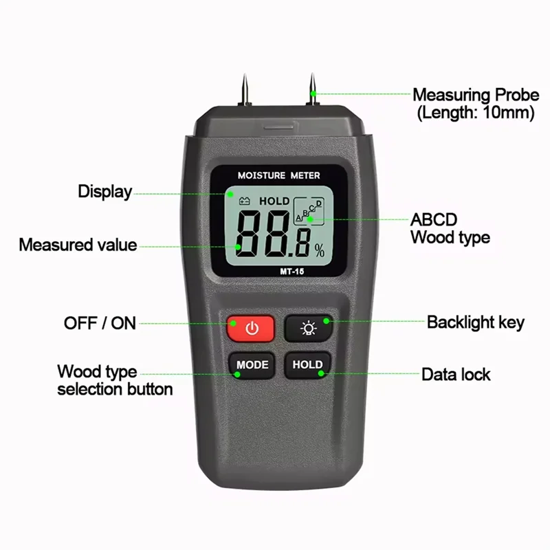ABKP-MT-15 Misuratore di umidità digitale per legno Tester di umidità Igrometro Rilevatore di umidità per legname Albero grigio