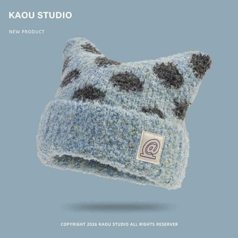 Koreanische Polka-Dot-Katzenohren-Strickmütze für Damen, süße, warme Mütze für Herbst und Winter. – Detail 6