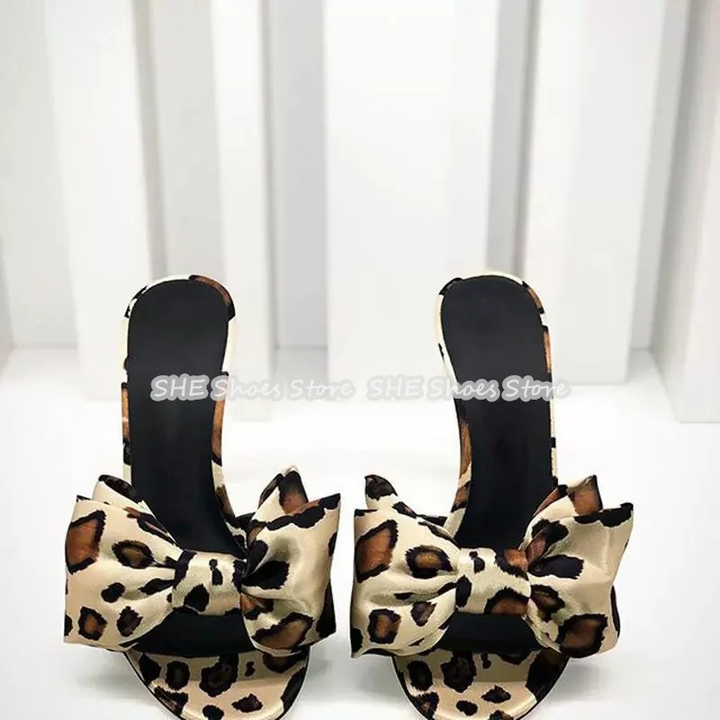 

Sexy Leopard Print Butterfly Knot Women Dress Mules Peep Toe High Heel Summer Outside Sandals Ladies Gladiator Shoes