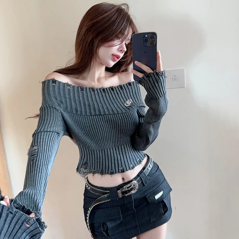 Women\'s Sweater Solid Colour Spring Autumn Off Shoulder Hole fashion Slim Sexy Expose Navel Knitted Long Sleeves Pullover