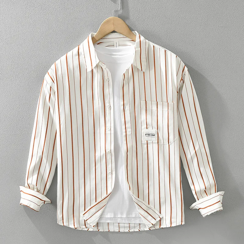 

Casual Striped Long Sve irt Men's Loose Fit Faionable Artistic Versatile Top Japanese Sle Polyester Fiber 00%