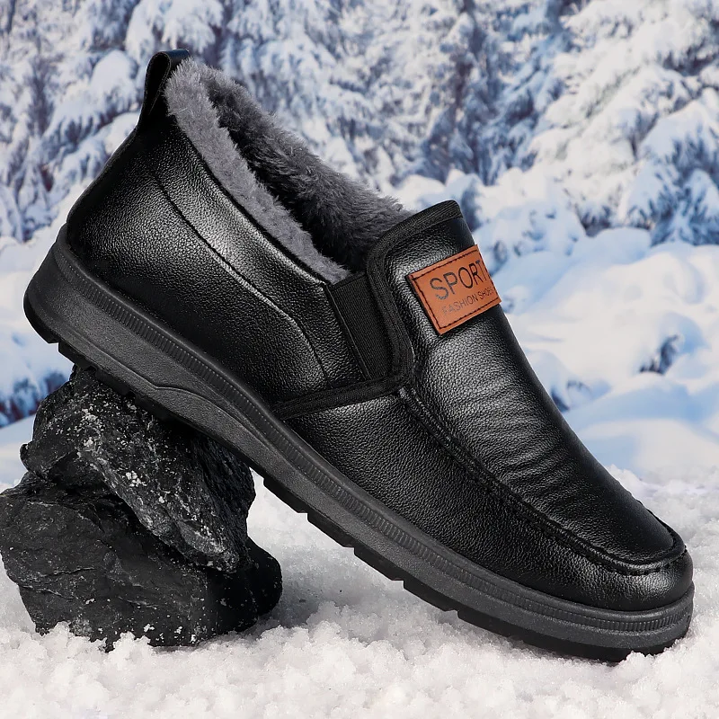 Herren Winter Slip-On Schneeschuhe mit Fleecefutter, Obermaterial aus synthetischem PU, rutschfeste Gummisohle, warme, lässige Outdoor-Wanderschuhe für ältere Menschen. – Detail 4