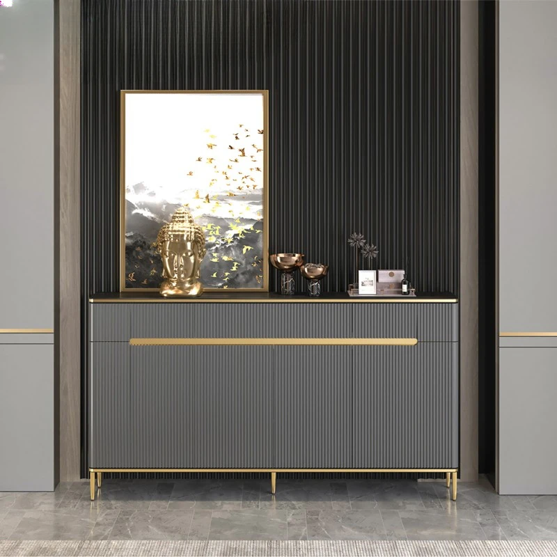 Light luxury dining side cabinet integrated against the wall ultra-thin solid wood grid kitchen side cabinet rock slab narrow