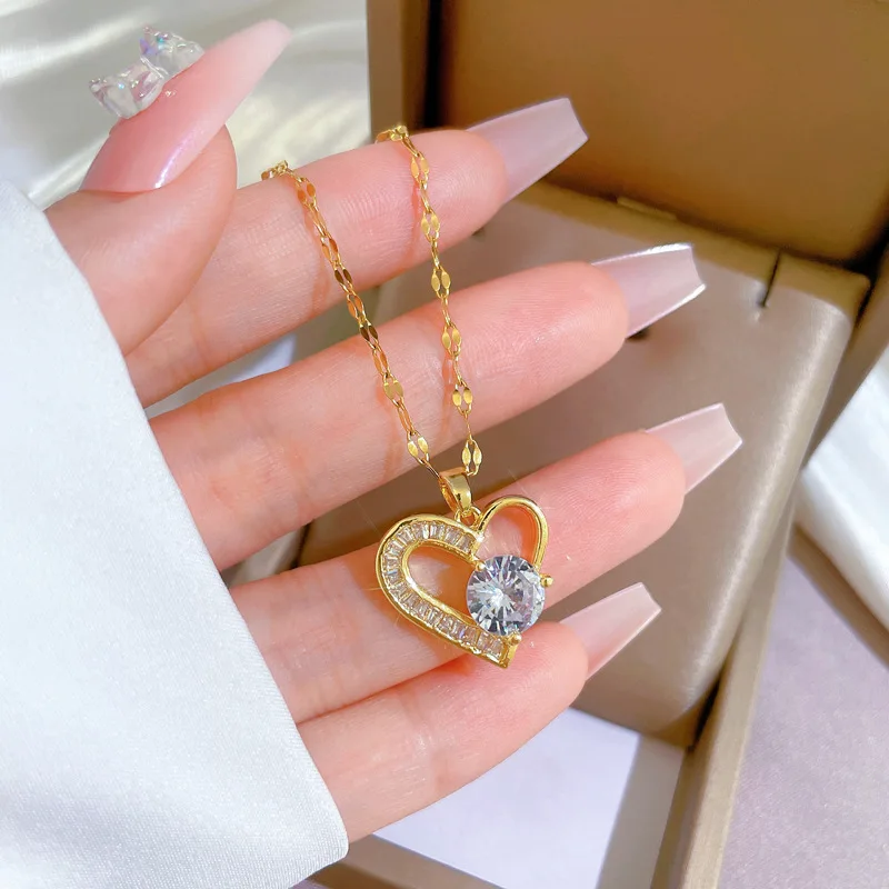 DIEYURO 316L Stainless Steel Asymmetrical Heart Zircon Pendant Necklace For Women New Luxury Girls Clavicle Chain Jewelry Gifts