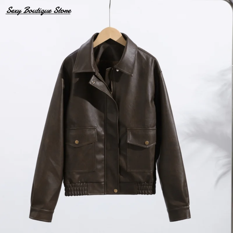 ผู้หญิงวินเทจหนังแจ็คเก็ตแขนยาวกระเป๋าหนังซิปCOMMUTER Outwears 2025 ใหม่Y2k Lady Streetwear