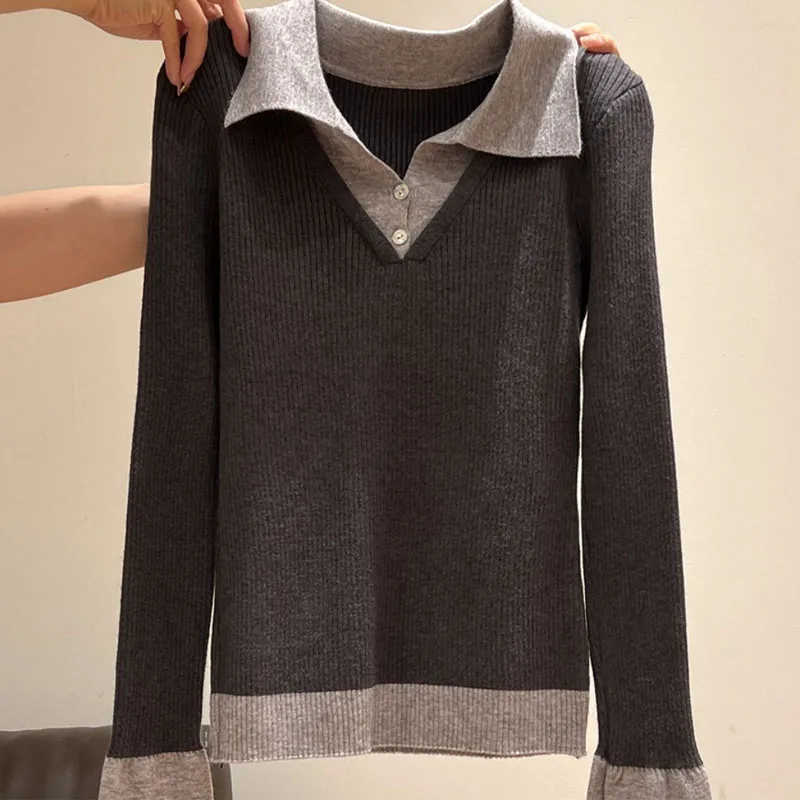 Pull tricoté femmes pulls nouveau à manches longues col rabattu Patchwork tricot pull haut pour femme femmes vêtements Q1357