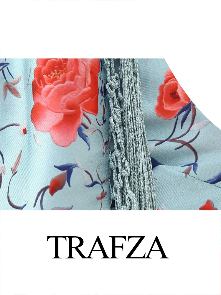 Sukienka midi damska na lato z frędzlami i kwiatowym wzorem, odkryte ramiona, elegancka, asymetryczna, seksowna, z odkrytymi plecami.