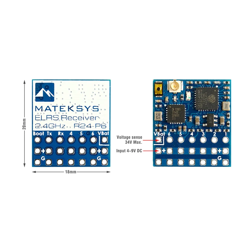 

MATEK ELRS-R24-P6 R24-P6 EXPRESSLRS 2.4G 6CH PWM RECEIVER ExpressLRS 3.0 VBAT Voltage Sense for RC Airplane Fixed-Wing FPV Drone