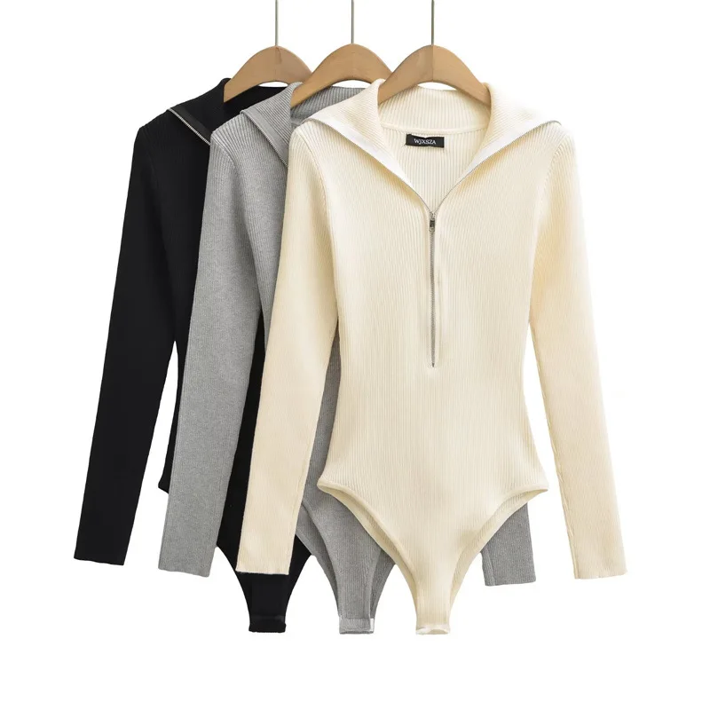 

American Hot Girl Sle High Collar f Unbuttoned Zipper Long Sve Knitted Rer Women's Base Layer Bot Top