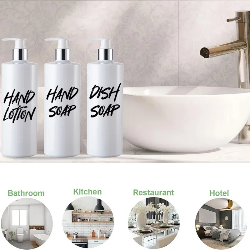 3 PCS 500ML Shampoo Dispenser Kitchen Soap Pump Bottle Refillable Bathroom Gel Liquid Cosmetic Empty Container with 20 Label