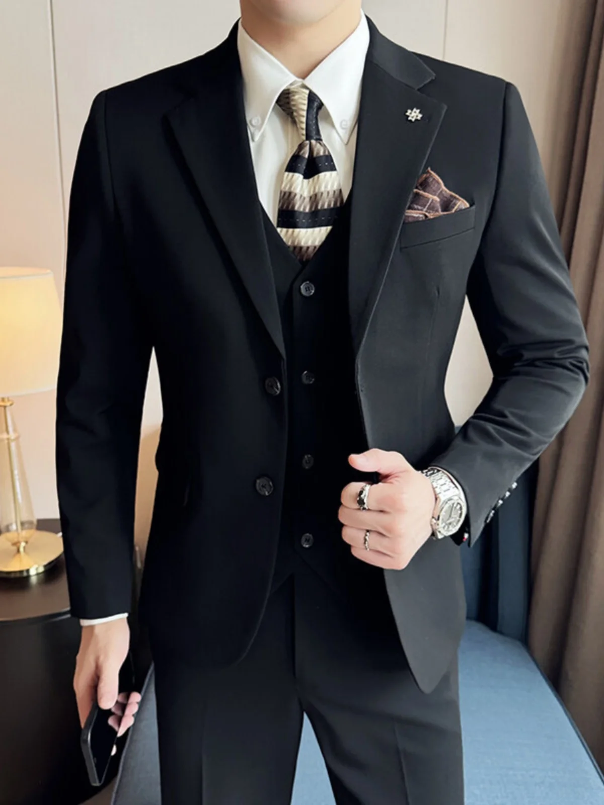

Ele Men's Tee-Piece Suit Wedding Outfit Casual Busin Formal Attire Haome Pure Color Small Suit Set for om