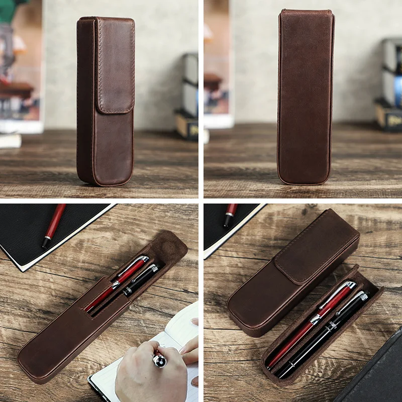 Crazy Horse cowhide Leather Pen Case, 2-Pack, Handmade, Drawer-Style, Detachable, Student Office Pen Storage Box