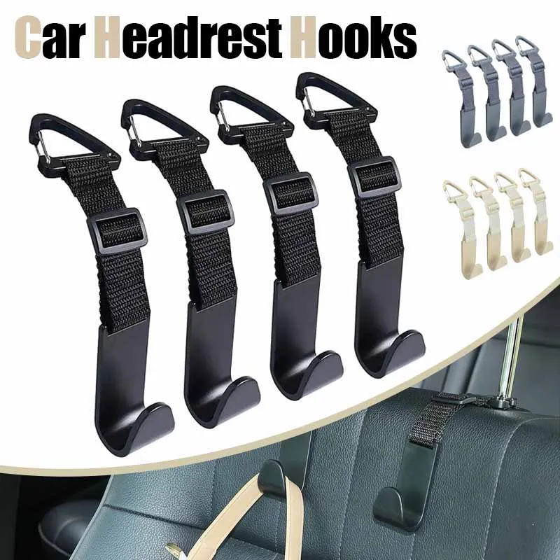 

4PCS Car Seat Headrest Hook Universal Adjustable Vehicle Organizer Storage Hanger Holder for Purse Bags Universal Fit with Clip