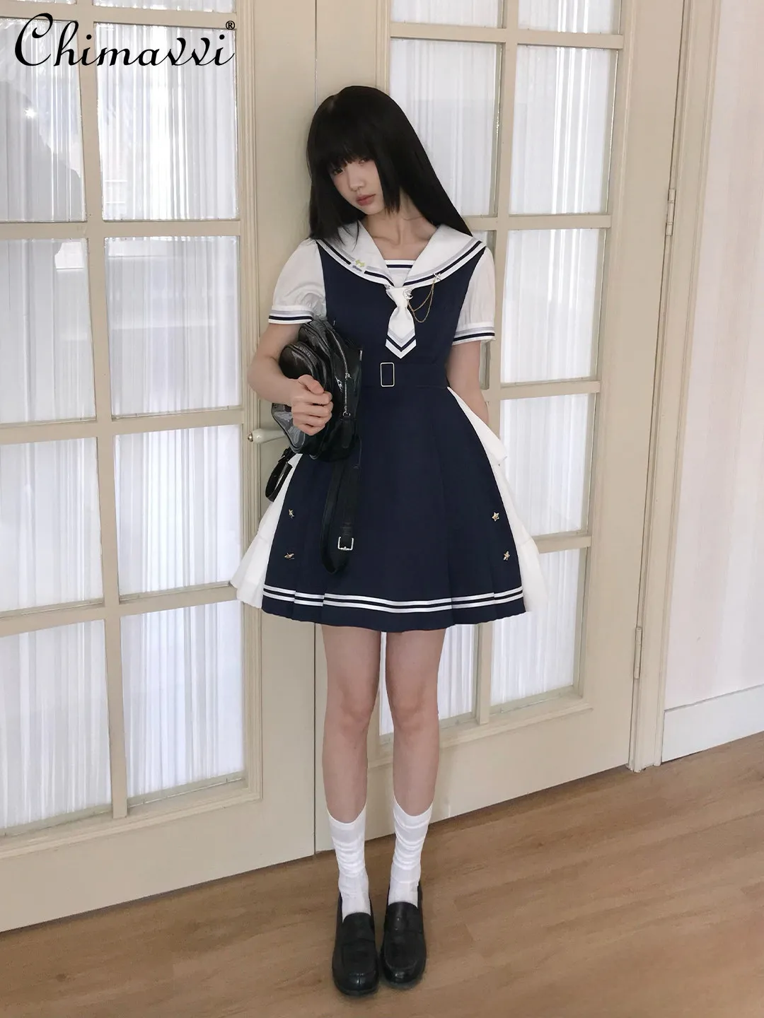 

Japanese Navy Collar Preppy Style Dress New 2026 Summer Clothes Women's Blue Patchwork High-waisted A-line Mini Dresses