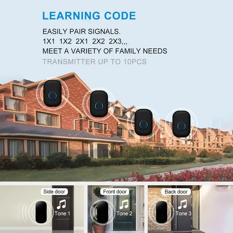 Bel pintu nirkabel, Kit bel pintu tahan air, penerima bel pintu nirkabel dan pemancar dengan 58 lonceng berbeda