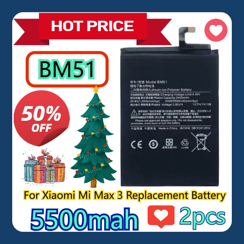 

For Xiaomi Mi Max 3 Replacement Battery BM51 2pcs