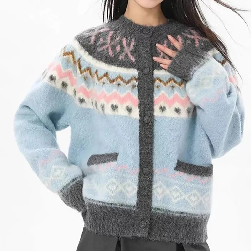 الأزرق الجاكار سترة مشغولة من الصوف المرأة الحلو كم طويل س الرقبة كسول الرياح سترة خمر خريف شتاء فضفاض عادية زر بلوزات جديدة #2