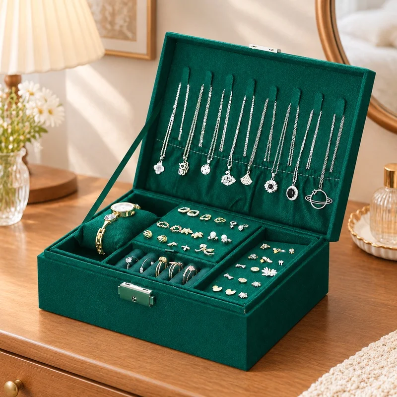 Retro-Style Velvet Jewelry Case with Dual Lock System, Spacious Storage for Watches, Necklaces, and Earrings