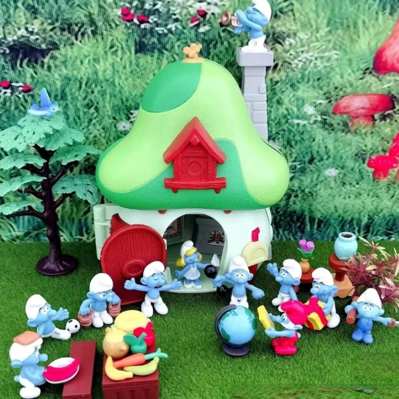 Smurfette Smurf Mushroom House giunti mobili personaggi dei cartoni animati decorazioni per Desktop collezione ornamenti modello giocattolo nostalgico