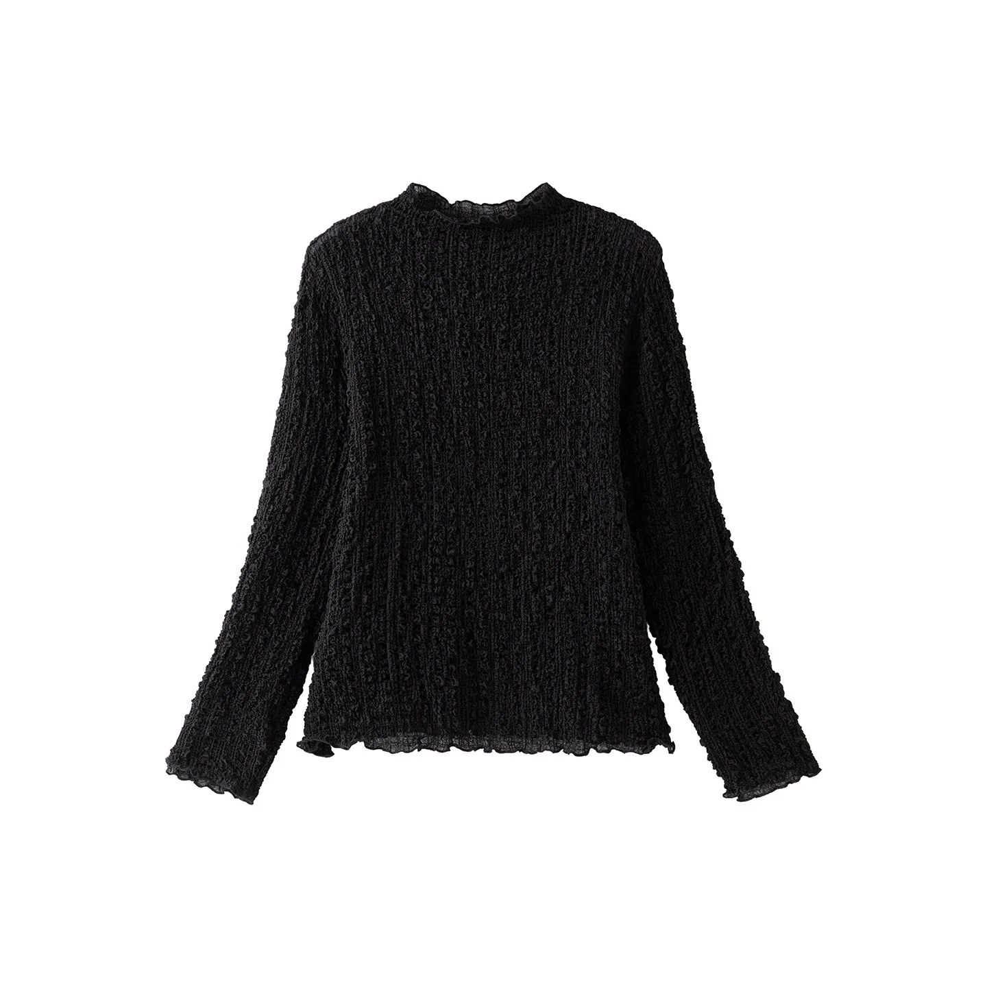 Winsleter-97%Silk 3%Spandex Bubble Crepe Elegant T-Shirt, Stand Solid Folds, Women French Commute Top, 2026 Autumn New T68934CC