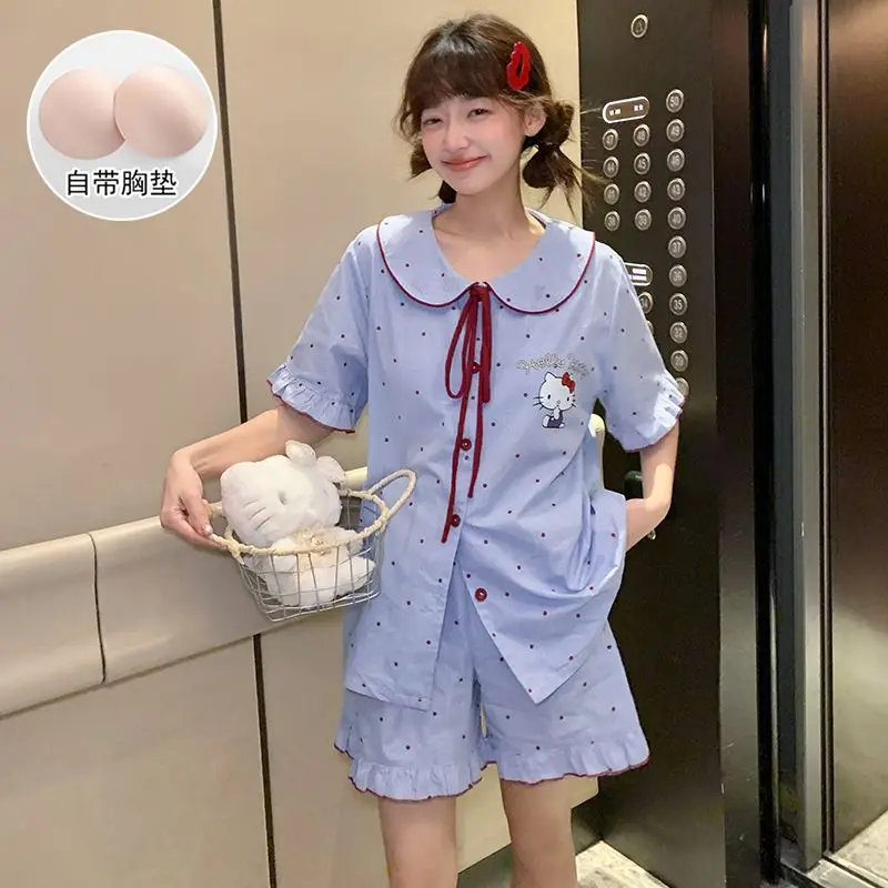

Летняя пижама Hello Kitty мультфильм милый с нагрудником сладкий костюм