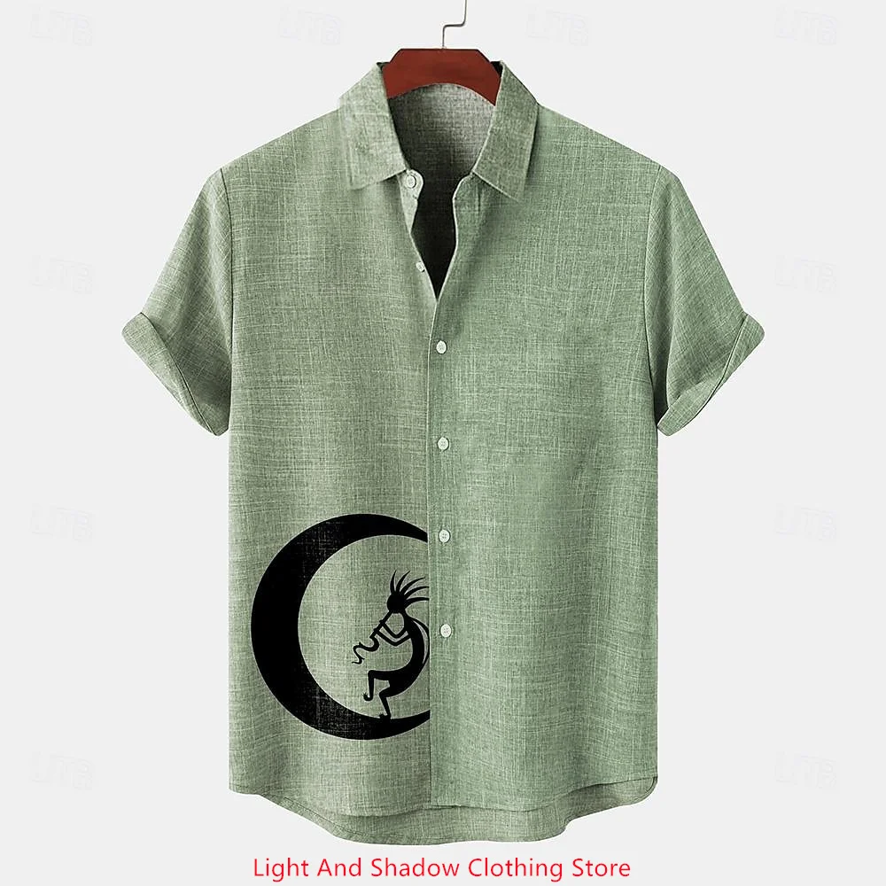 

Men's Summer Shirt Short Sleeve Lapel Button Crescent Print Ethnic Art Casual Breathable plus Size Linen Top