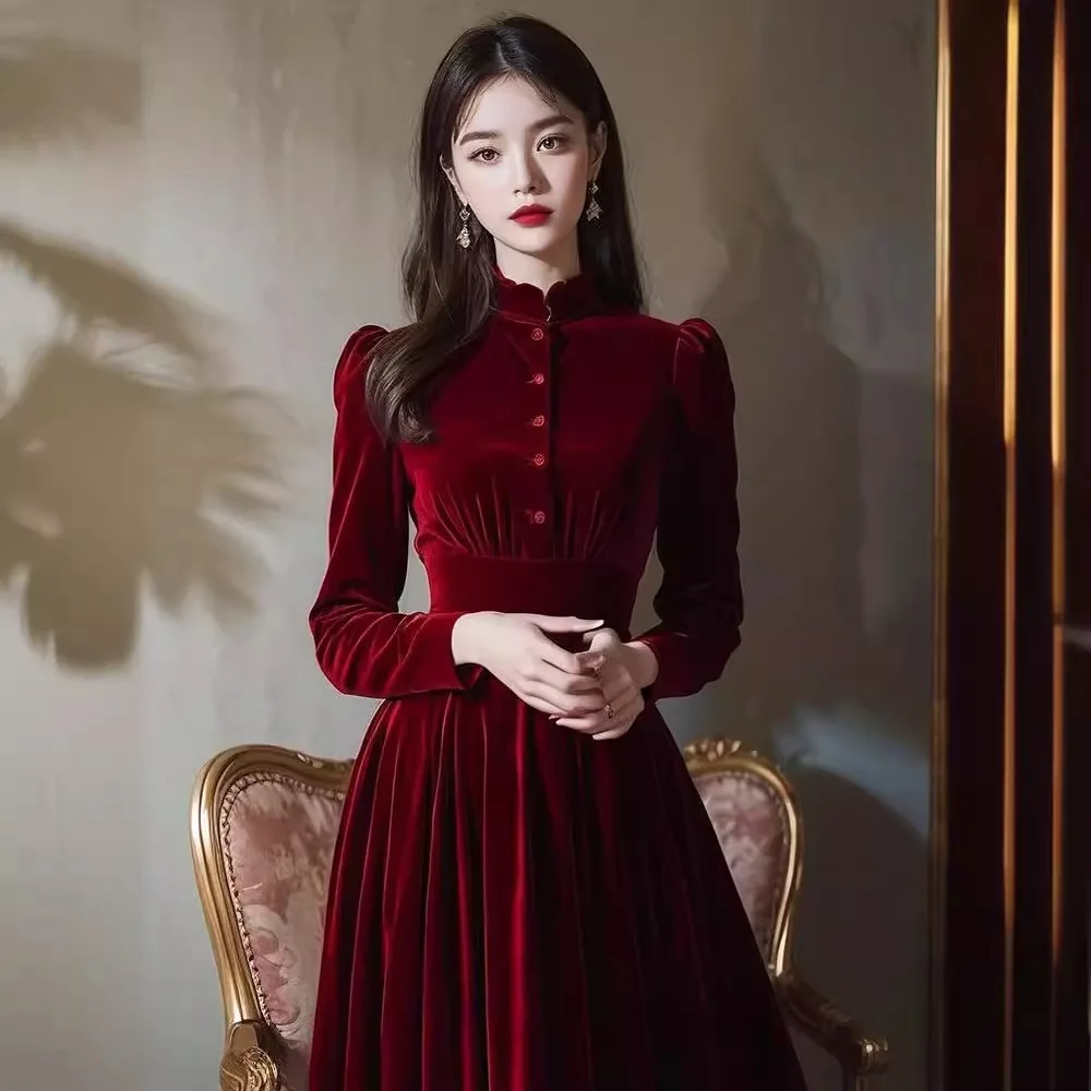 High Sense Annual Meeting Robe Dress Autumn and Winter Socialite Temperament Birthday Year Toast Back to the Door Red Velvet