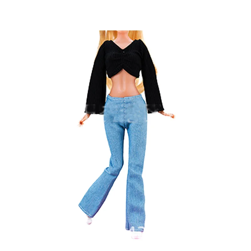 Nieuwe Pop Outfit Voor Barbie 1/6 Bjd Pop Zwart Shirt + Lange Spijkerbroek Casual Kleding Voor Barbie Pop Accessoires Speelgoed