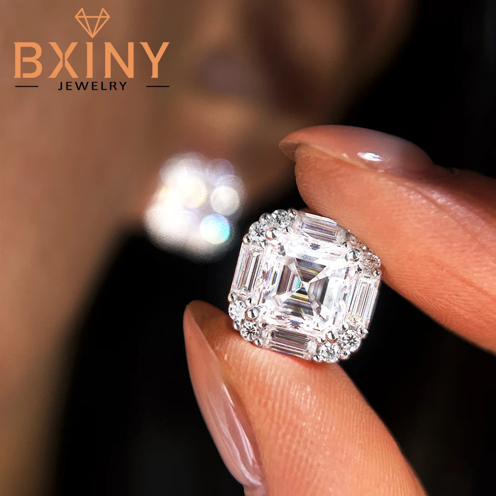 

BXINY 7*7mm Asscher Cut Full Moissanite Stud Earrings 100% S925 Silver Square Diamonds Ear Studs For Women Fine Jewelry With GRA