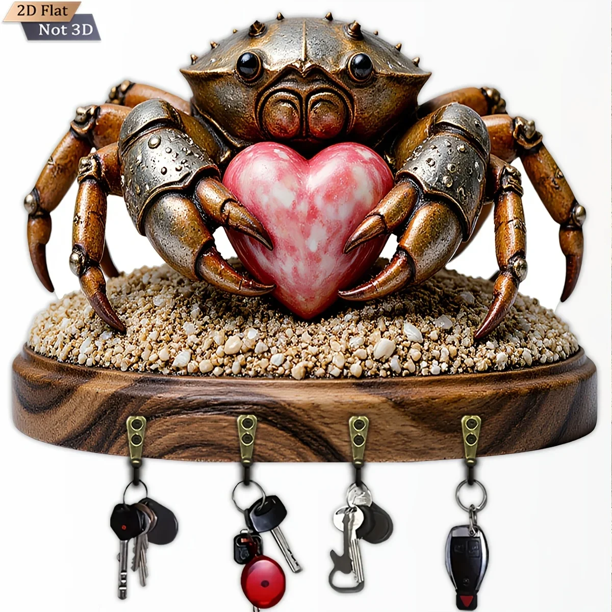 2D Flat, 1pc, Crab Holding a Heart Shape Key Hook, Wooden Multifunctional Home Key Hanger, with Four Metal Hooks, Wall