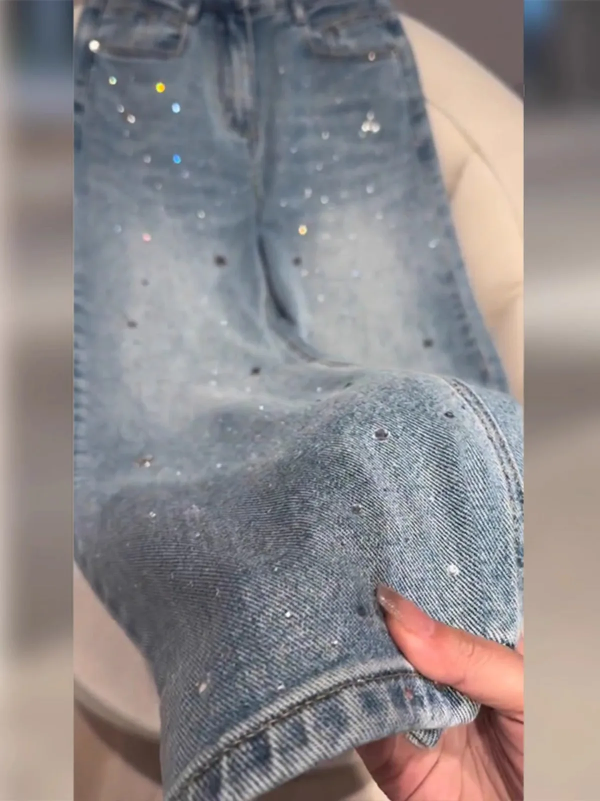 Heavy-Duty Rhinestone Embellished High-End Jeans Women, New Autumn Style, Plus-Size High- Slimming Straight-Leg Pants For