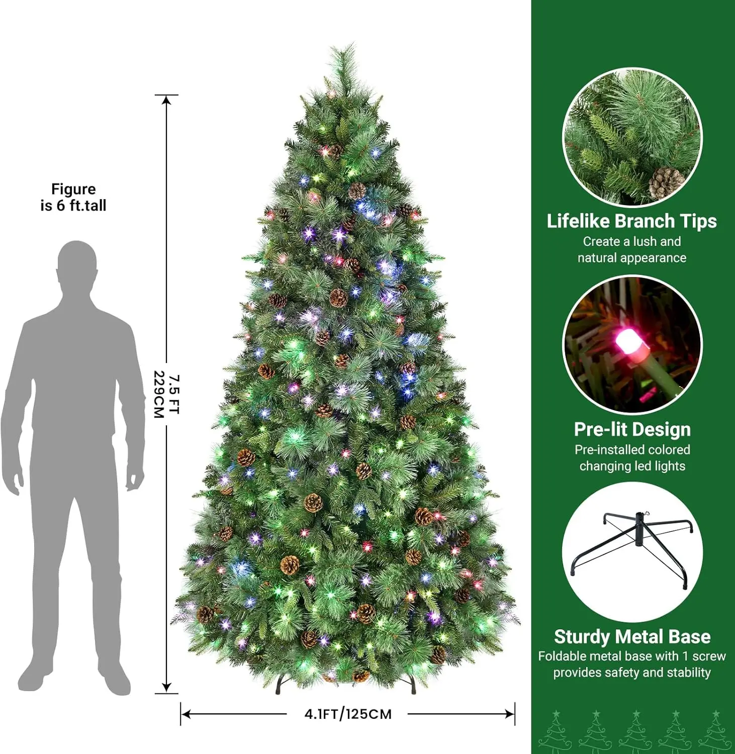 Shareconn 7.5Ft Prelit Artificial Hinged Christmas Pine Tree With Remote Control, Upgraded Version With Pre-Lit 470 Led Color