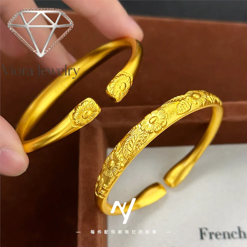 Viora Jewelry New Chinese design ethnic style 24K real gold open-ended blooming pinellia pinellia 9999 bracelet open-ended femal