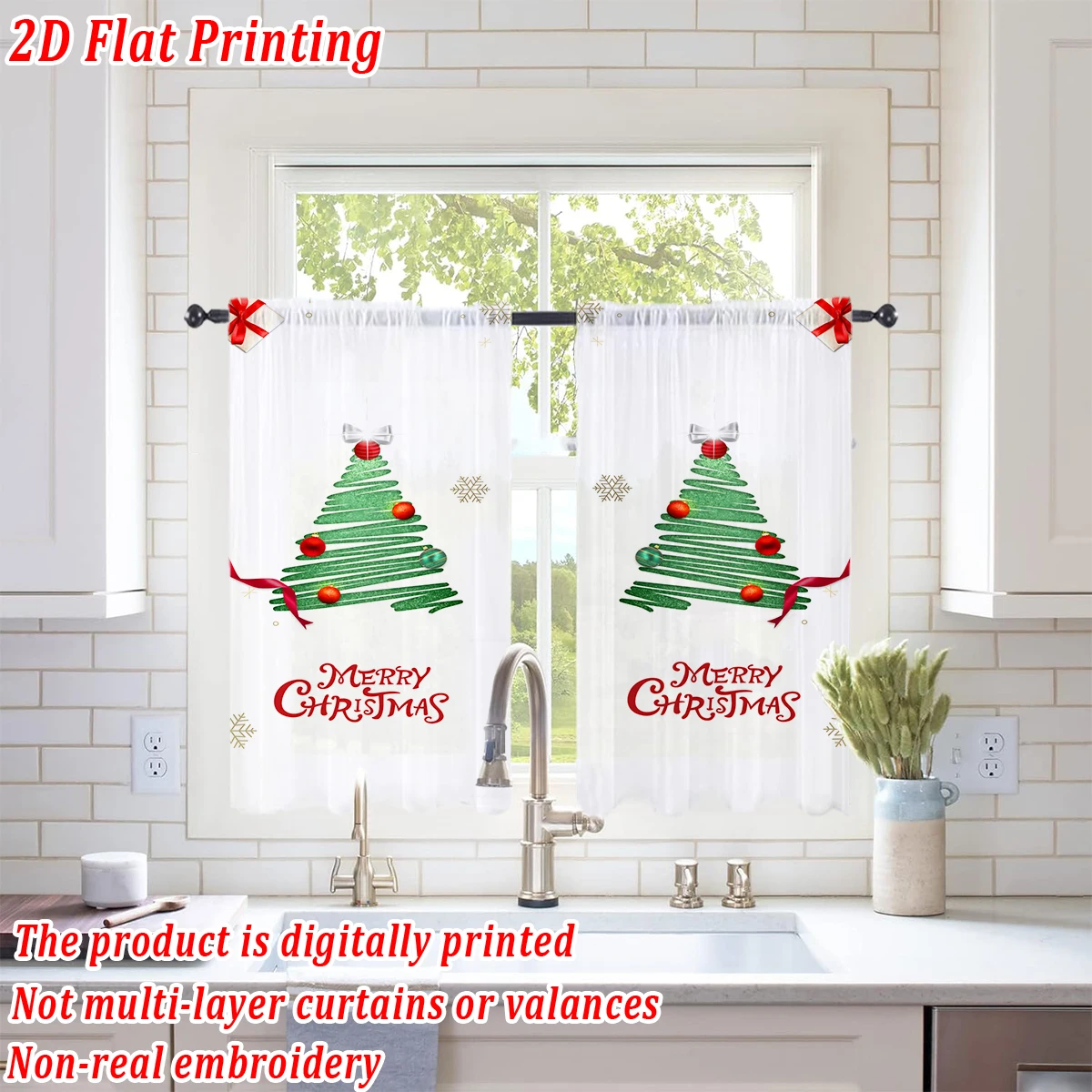 ستارة شفافة للمطبخ بطباعة مسطحة لعيد الميلاد مع صندوق هدايا ندفة الثلج لأشجار عيد الميلاد المجيد لحفلات ديكور المنزل