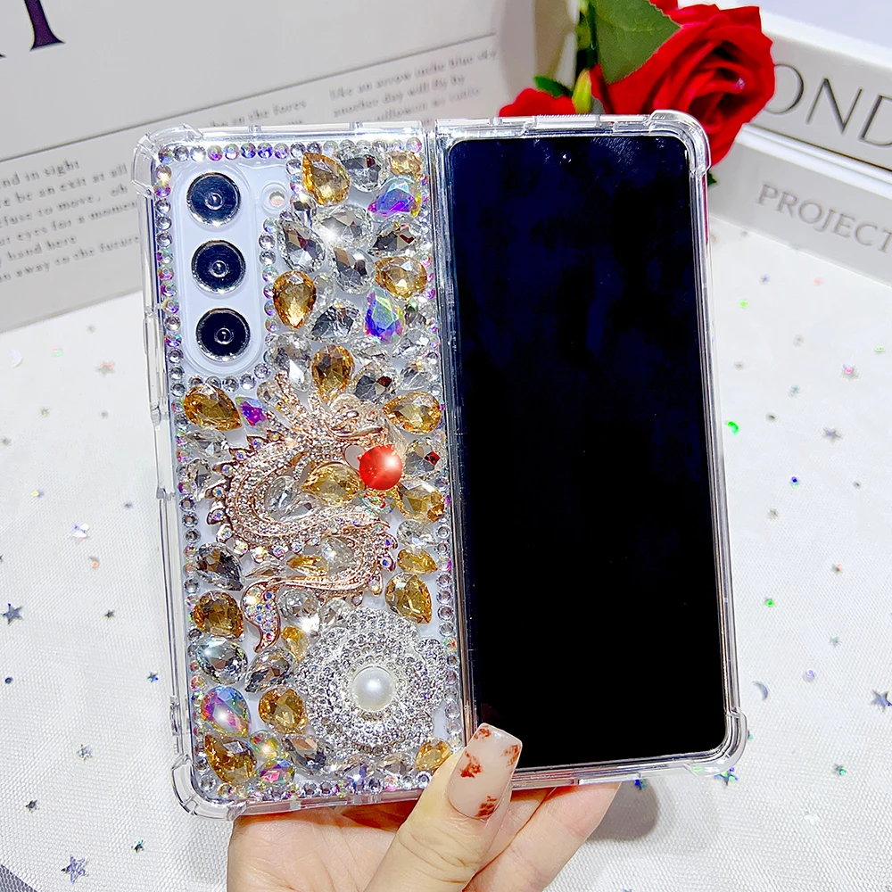 Luxury Diamond Dragon Rhinestone Pearl Flowers Phone Case For Samsung Galaxy Z Fold 5 4 3 2 Full Bling Crystal Clear PC Cover