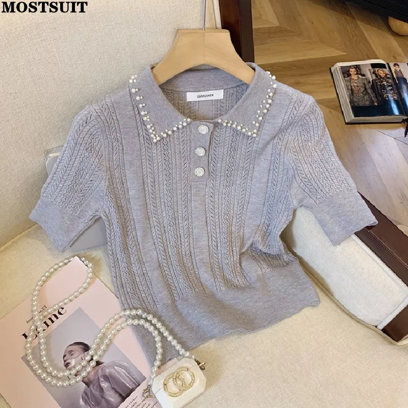 Pearl Beaded Sweater Women Knit T-shirt Pullover 2024 Summer Korean Fashion Elegant Ladies Tees Tops Short Sleeve Stylish Jumper