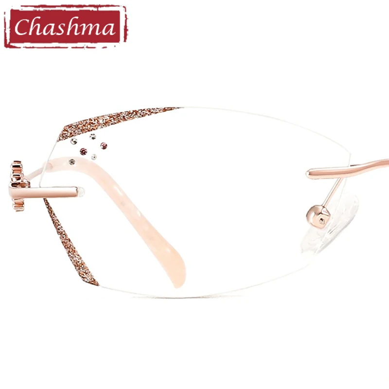 Women Transparent Rimless Eyeglasses Glietter Edge Stones Titanium Glasses Frame Prescription Spectacles