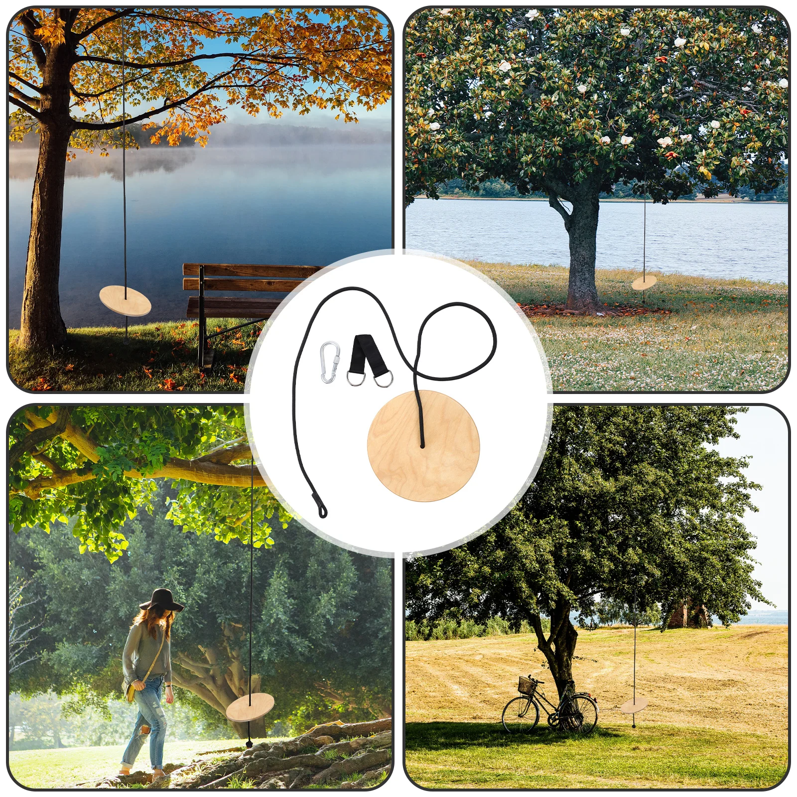 Asiento de columpio de madera, columpio de disco de alta resistencia, cuerda ajustable, anillo galvanizado, columpios al aire libre para niños, equipo de juego de madera gruesa