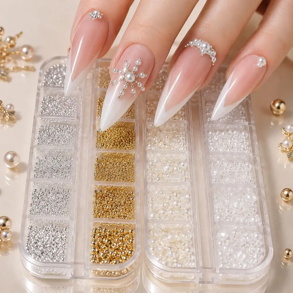 12Grids Multi‑Style Nail Charm Half Pearl Metal Micro Rice Beads Caviar Beads Flat Back Rivet For Ladies DIY Nail Salon Manicure