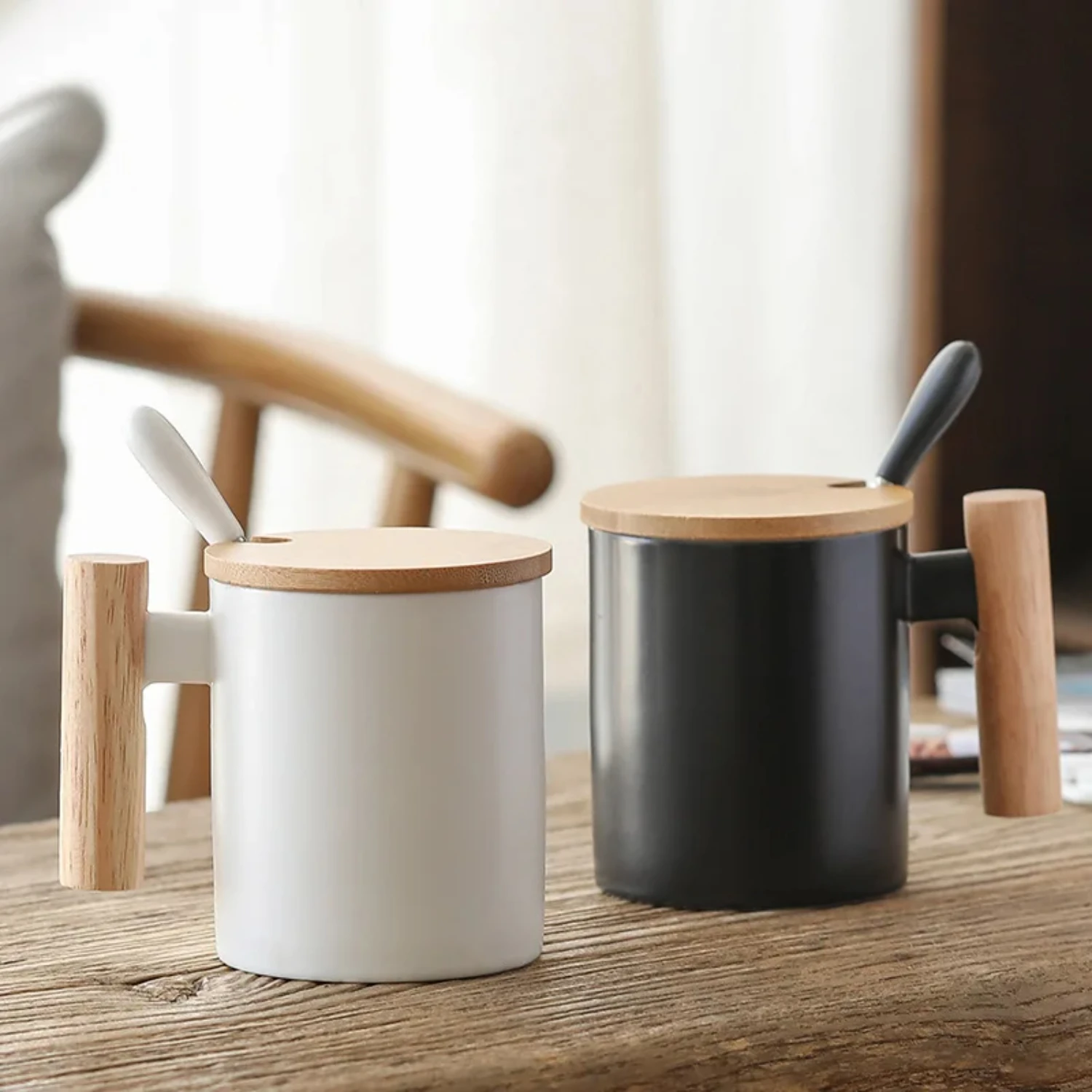 Elegant 310ml Ceramic Coffee Cup with Wooden Handle, Lid, and Spoon - Perfect for Coffee or Milk, Ideal for Couples - Stylish Of